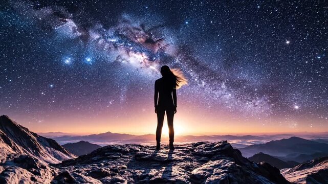 Person standing on mountain under starry sky perfect for outdoor lifestyle and nature documentaries