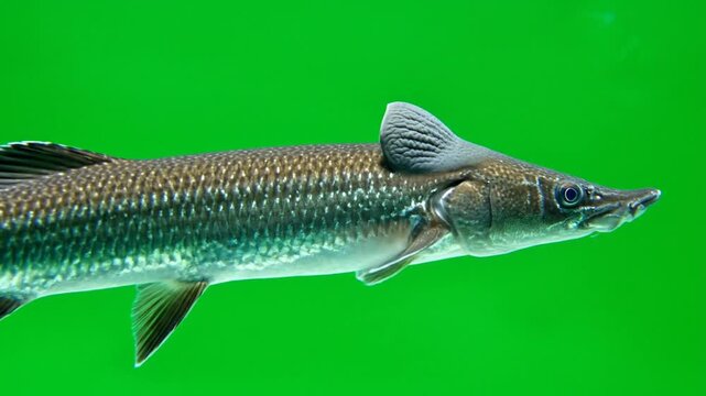 Close-up profile view of a long-bodied fish with a pointed snout swimming in clear water against a vibrant green background.