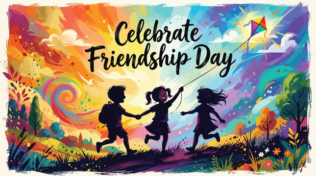 Celebrate friendship day children running with kite in colorful watercolor illustration
