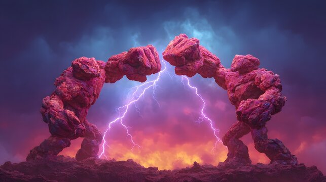 Two colossal pink rock monsters connect their fists forming an arch with intense lightning.