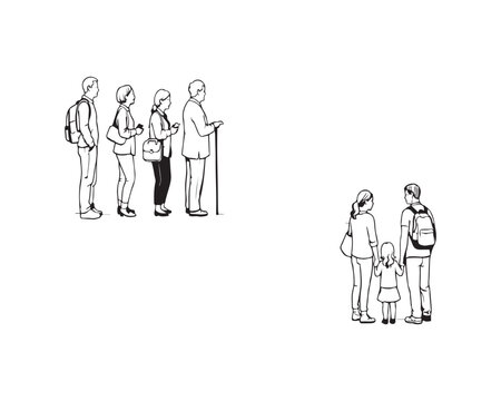 People queuing, Black and White: A queue of people in line, captured in a monochrome setting. Depicting anticipation and the flow of individuals waiting.