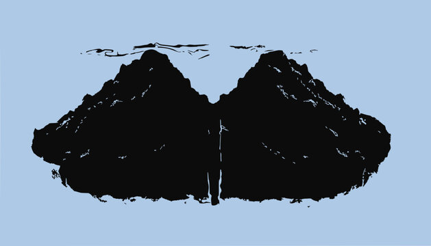 Symmetrical Black Ink Blot Mountains Silhouette on Blue Background