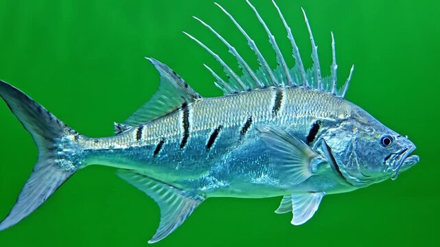 A detailed view of a fish with spiky dorsal fins and striped body against a green background.