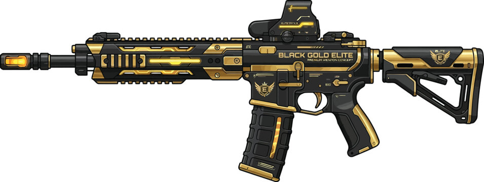 Isolated black metal automatic assault rifle and military firearm weapon object with barrel and trigger for army war or shooting danger