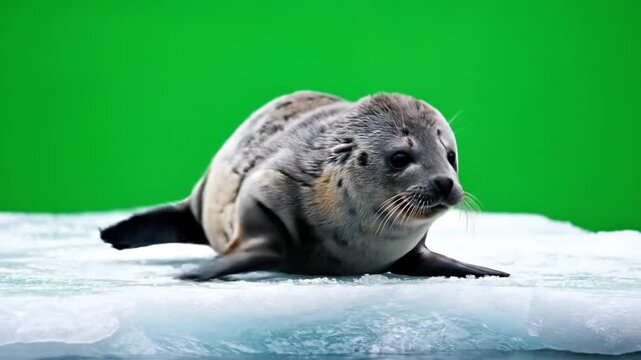 A young seal pup resting on a piece of ice with a vibrant green screen background, looking forward.