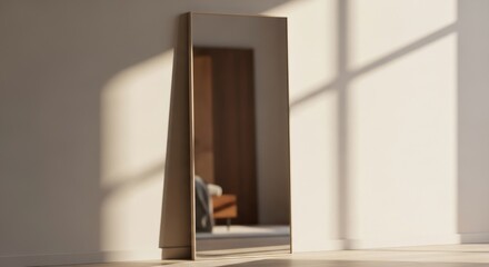 Fototapeta premium Tall full-length mirror leaning against a wall with natural light and shadow play.