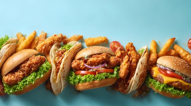 Variety of fast food items including burgers tacos and fried chicken on blue background.