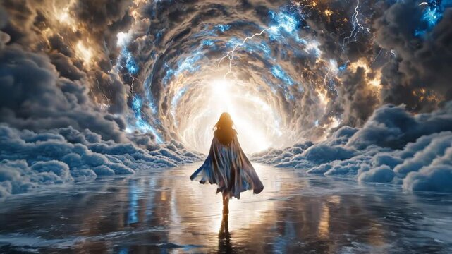 Person in blue cloak walking through stormy sky perfect for outdoor lifestyle and nature documentaries
