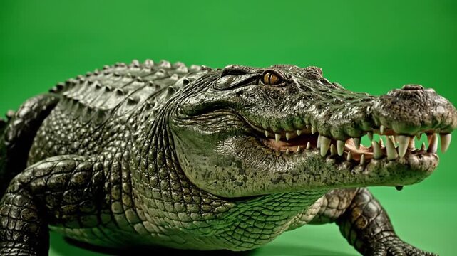 A close-up shot of a powerful crocodile with sharp teeth and scaly skin, looking directly at the viewer against a vibrant green background.