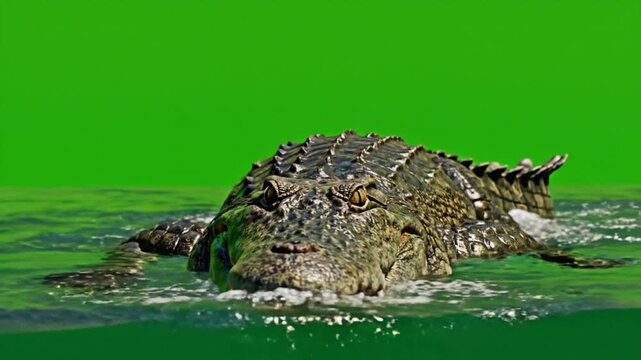 A large crocodile with rough skin emerges from green water against a bright green background.