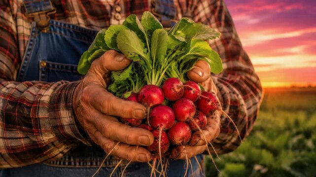 Farmer holding fresh radishes at sunset on organic farm
