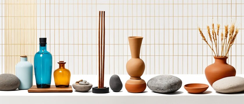 Wellness and zen lifestyle objects with stones and vases
