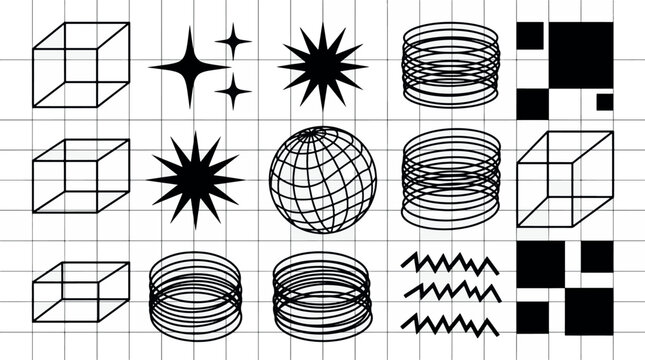 Abstract brutalist geometric elements set with wireframe shapes and retro futuristic y2k design assets vector illustration