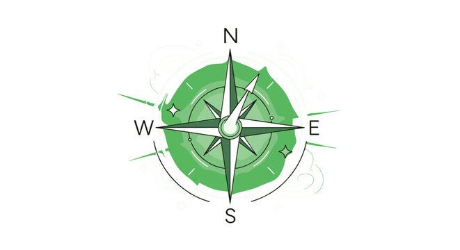 Vector Compass Rose: Direction and Adventure Graphic, Nautical Navigation Chart Element, Green Design, Travel Icon, Isolated on transparent background.