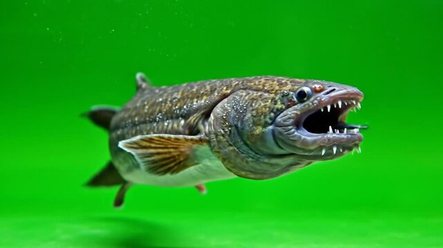 A detailed close-up of a prehistoric-looking fish with sharp teeth and an open mouth, swimming in vibrant green water.