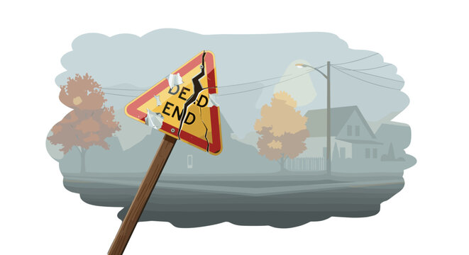 Broken Dead End Road Sign Symbolizing Failure, Frustration, Obstacle. Conceptual Vector Illustration isolated on transparent background for Design and Advertising.