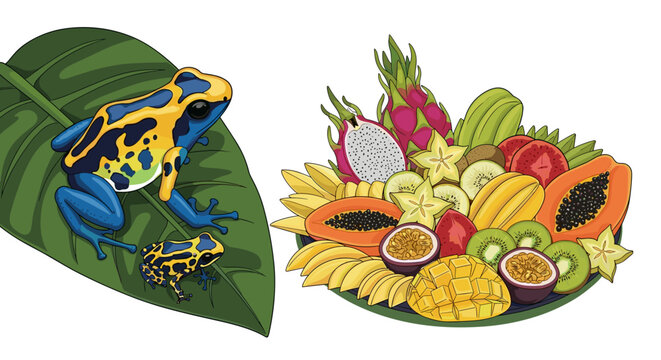 Poison Dart Frogs on Leaf with Tropical Fruit Platter, Vibrant Colors, Freshness and Exotic Appeal, vector isolated on transparent background.