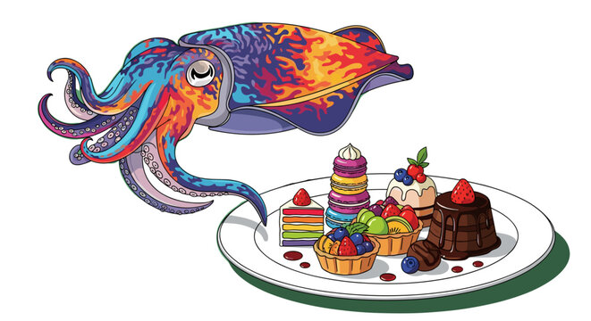 Whimsical Cuttlefish Vector Graphic with Delicious Dessert Plate, Cartoon Style, Isolated on transparent background, for Children's Illustration or Unique Food Concept.