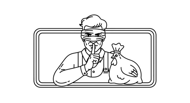 Blindfolded Man Shushing, Holding Bag with Chicken, Secretive Farm Business Concept