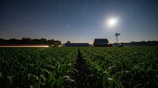 Star trails over farm at night with barn and solar panels