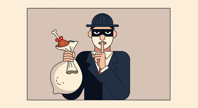 Thief in disguise stealing a roasted chicken, silent gesture, cartoon style