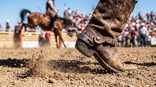 Leather cowboy boot with spurs kicking dirt in an arena during a rodeo festival