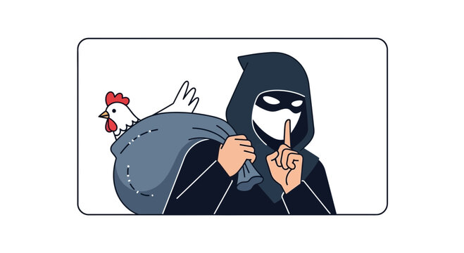 Thief steals chicken in sack, shushing, secret crime, rural theft, farm animal heist