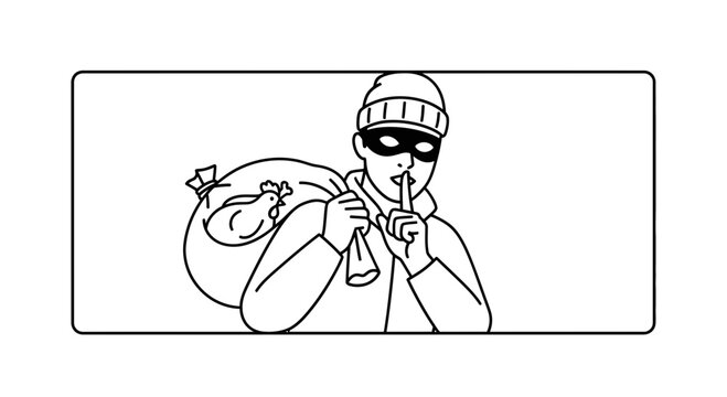 Thief wearing mask, carrying stolen goods bag, shushing gesture, secrecy, crime concept