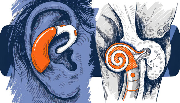 Hearing aid device illustration showing placement behind ear and internal ear anatomy with cochlear implant details
