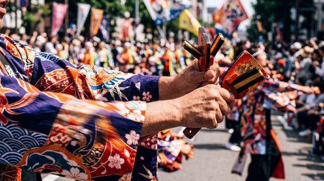 Dancer holding naruko clappers during Yosakoi Soran festival in Hokkaido Japan