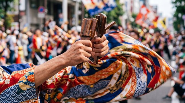 Dancer holding naruko clappers during Yosakoi Soran festival in Hokkaido Japan