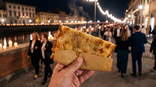 Slice of hot Pisan Cecina chickpea flatbread at the Luminara festival in Pisa