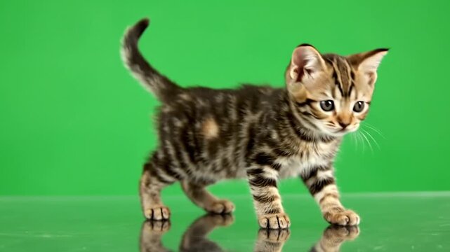 A small tabby kitten with striped fur walks on a reflective surface in front of a vibrant green background.