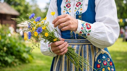 Woman in traditional Swedish folkdräkt holding a bouquet of midsummer flowers
