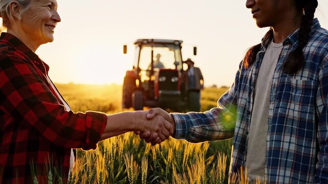 Farmers shaking hands in a field with a tractor