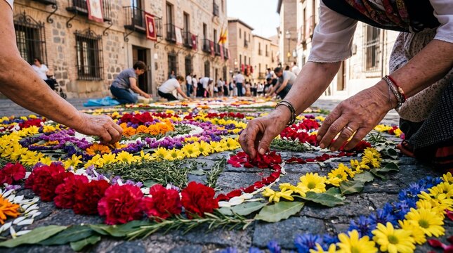 Hands Creating Floral Carpets for Corpus Christi Festival in Spanish Street