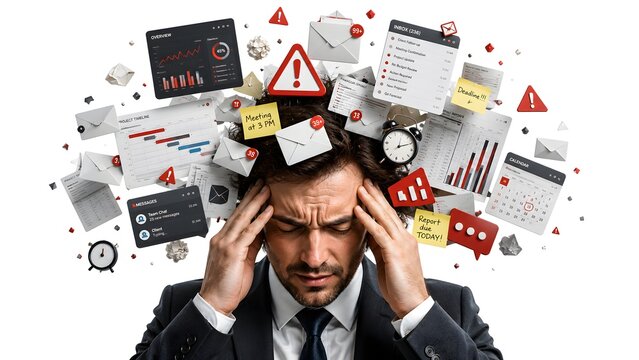 Overloaded Businessman Head with Floating Charts Alerts Emails and Warning Symbols &ndash; Stress Decision Fatigue Concept in Realistic 3D Style