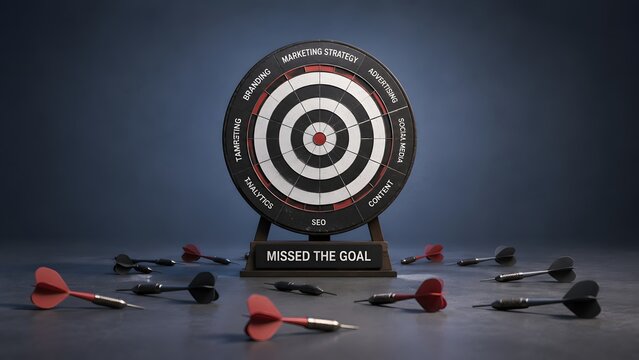 Business Marketing Failure Concept with Missed Dartboard Target and Fallen Darts