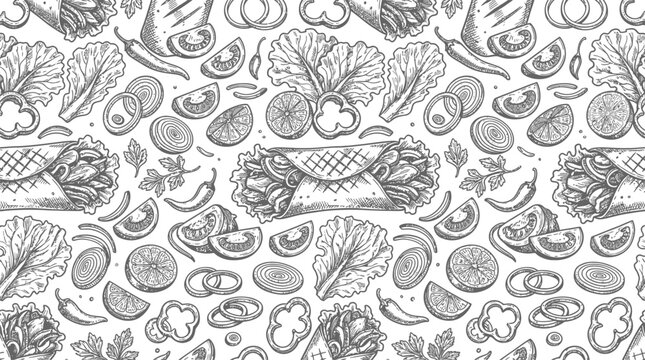 Hand Drawn Shawarma and Burrito Pattern with Fresh Sliced Ingredients for Restaurant Menu and Food Packaging Vintage Monochrome Sketch Style