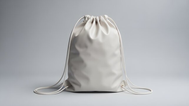 White drawstring backpack standing against a simple gray studio background.