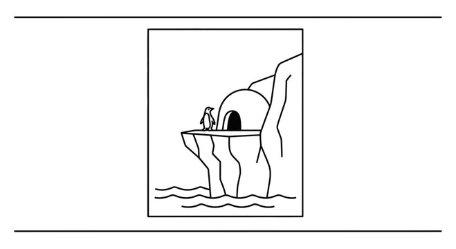 Penguin stands on cliff edge near igloo home by the sea, minimalist line art.