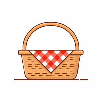 Illustration of a Wicker Picnic Basket with Red and White Gingham Cloth