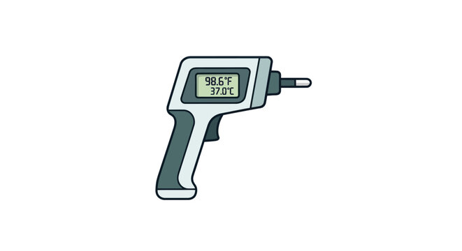Digital infrared thermometer gun displaying 98.6F and 37.0C, isolated on white background