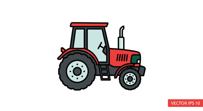 Red tractor icon, cartoon style, isolated on white background. Agricultural vehicle illustration.