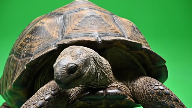 A large tortoise with a textured shell and wrinkled skin on its head, set against a vibrant green background.