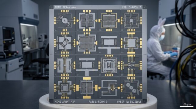 4x4 Micro-Electro-Mechanical Systems (MEMS) array wafer featuring integrated micro-gears, sensors, and actuators with gold leads in a semiconductor fabrication cleanroom environment.