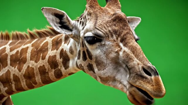 Close-up portrait of a majestic giraffe with its distinctive patterned fur against a vibrant green background.