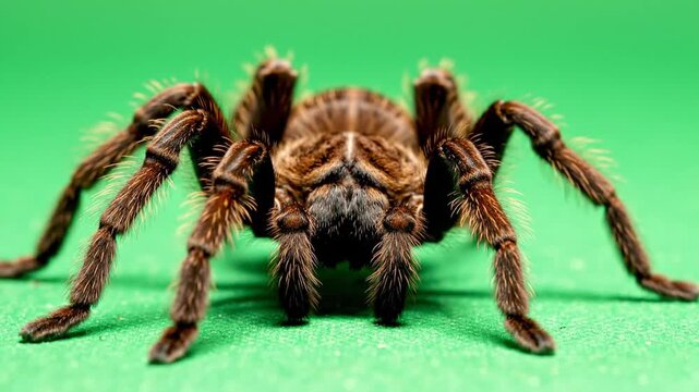 A close-up front view of a large, hairy brown tarantula spider with eight legs against a vibrant green background.