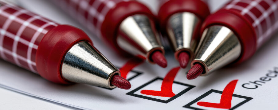 Red pen tip close up with red check marks on checklist paper, symbolizing completion and accuracy in tasks and planning