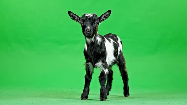 A cute black and white baby goat kid stands frontally on a vibrant green screen background, looking directly at the camera.